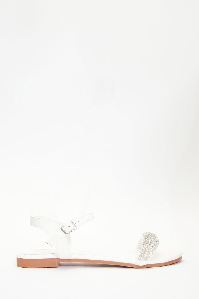 White Faux Leather Diamante Flat Sandals
