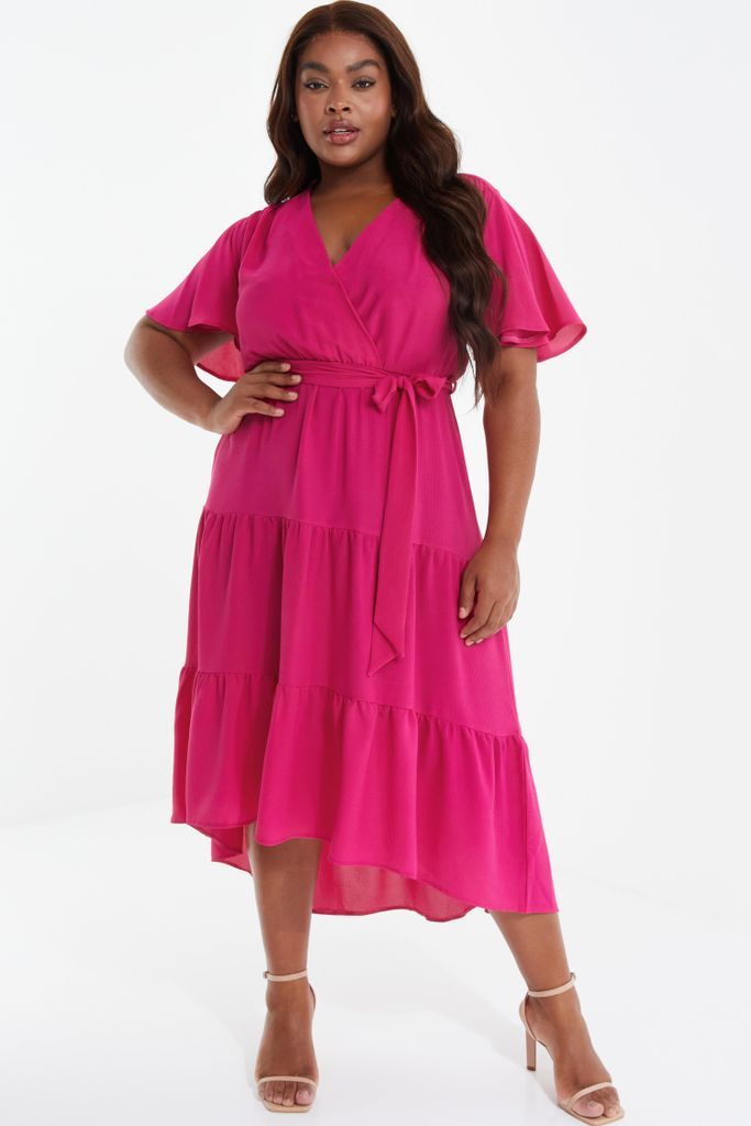 Curve Pink Wrap Tiered Dip Hem Dress