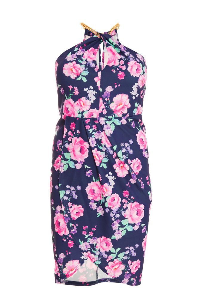 Curve Navy Floral Halter Neck Midi Dress