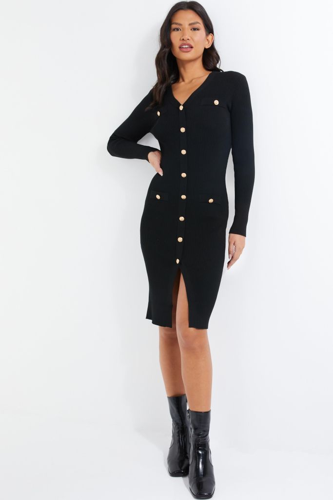 Womens Quiz Black Knitted Button Midi Dress Size L