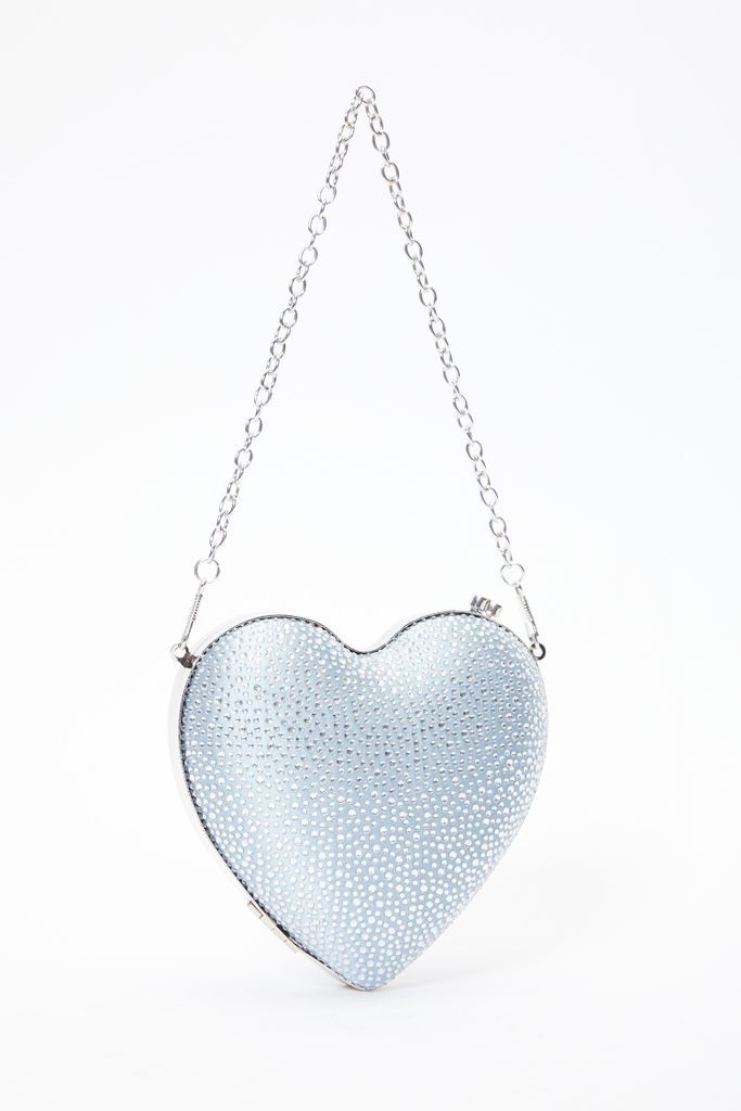 Light Blue Satin Diamante Mini Heart Bag