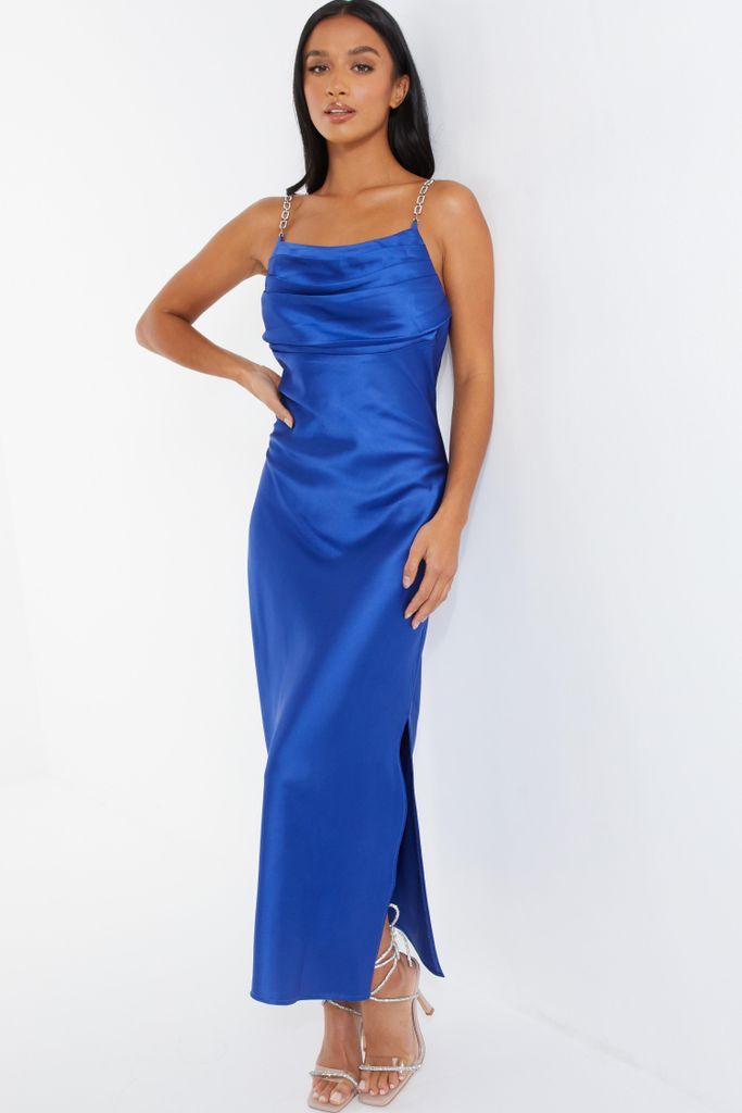 Womens Quiz Petite Blue Satin Diamante Maxi Dress Size 14