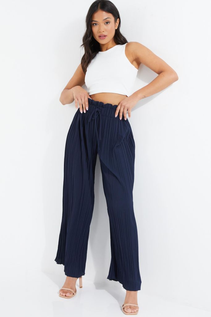 Petite Navy Pleated Wide Leg Trousers