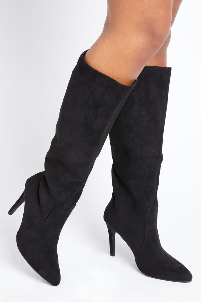 Black Faux Suede Knee High Boots