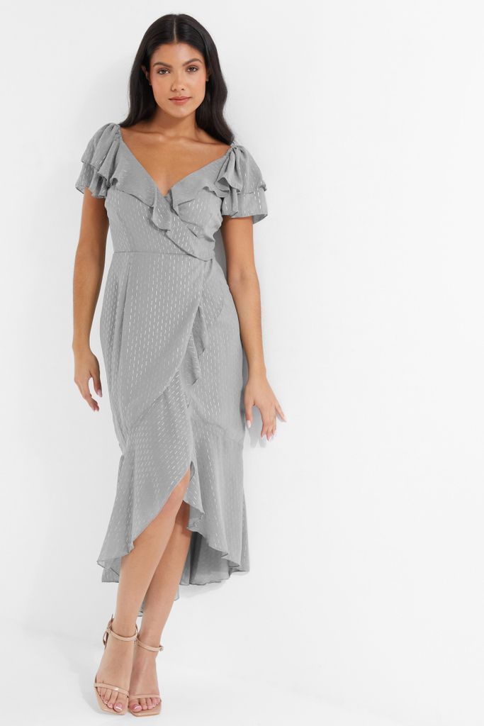 Women's Quiz Grey Metallic Stripe Chiffon Midi Dress Size 12