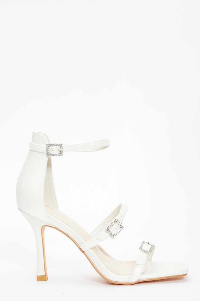Bridal White Faux Leather Strappy Buckle Heeled Sandals