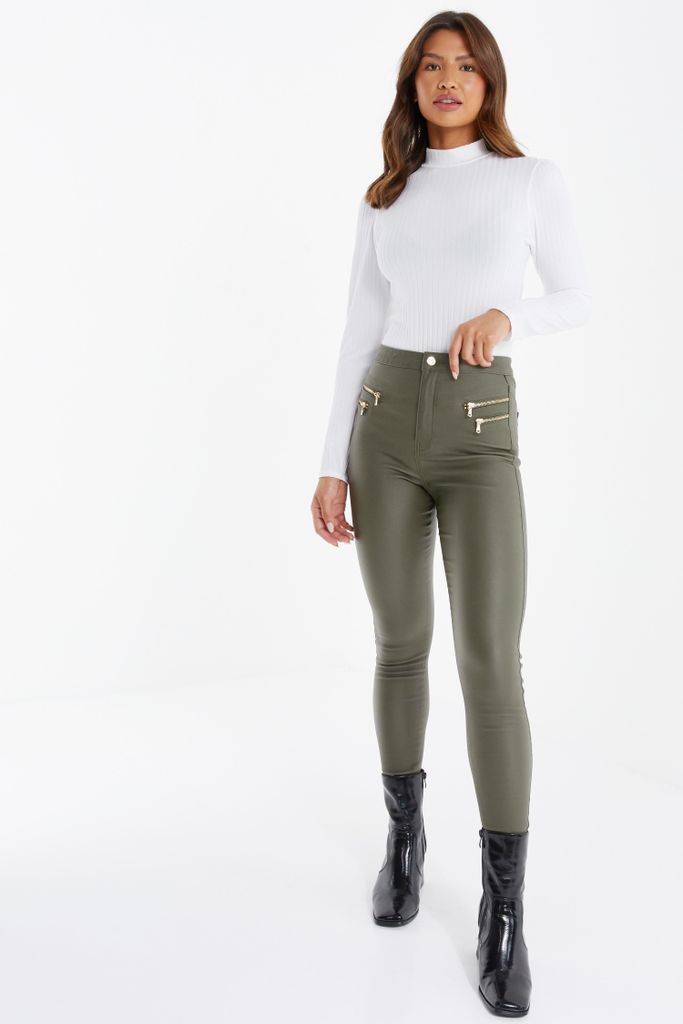 Womens Quiz Green Faux Leather Skinny Trousers Size 8