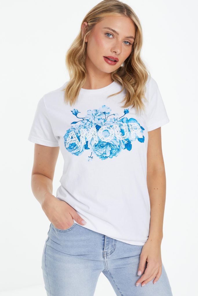 White Floral Slogan T-Shirt
