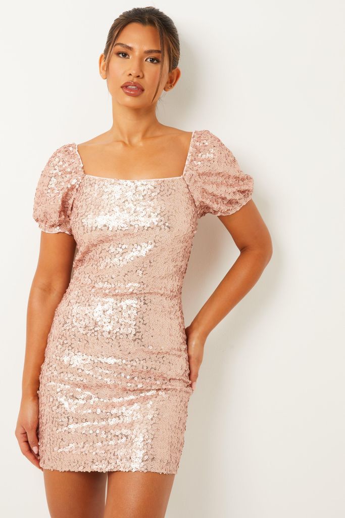 Womens Quiz Pink Sequin Puff Sleeve Dress Size 12
