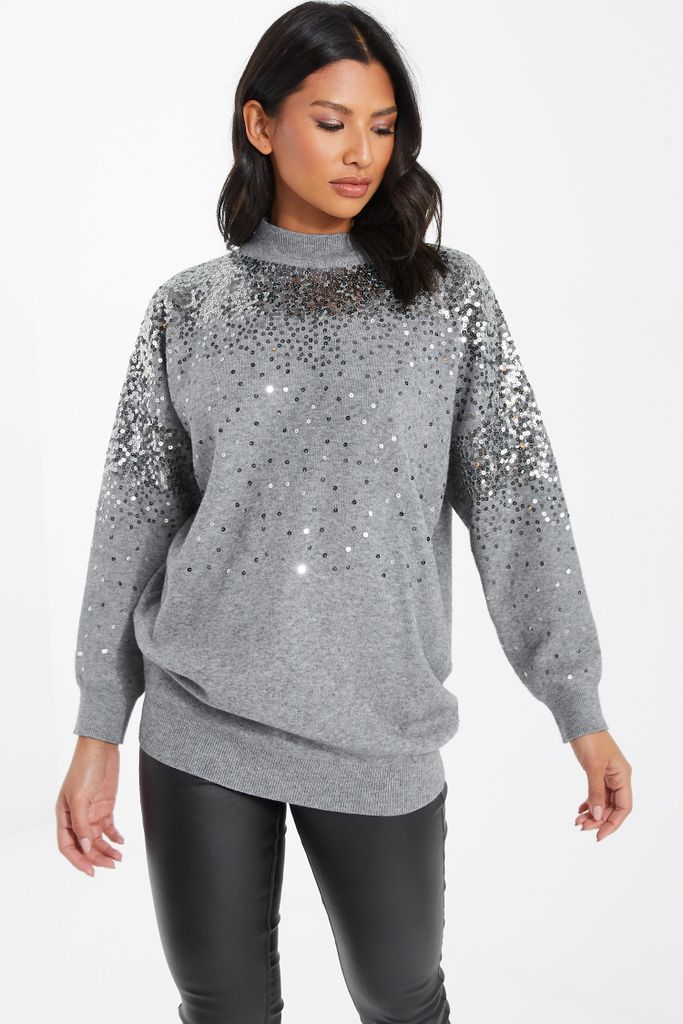 Womens Quiz Grey Knitted Long Sequin Jumper Size M