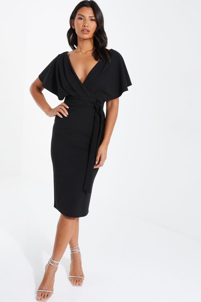 Womens Quiz Black Angel Sleeve Wrap Midi Dress Size 12