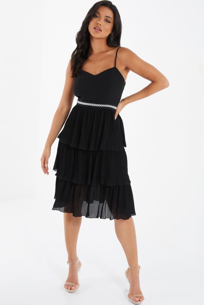 Womens Quiz Black Chiffon Embellished Tiered Midi Dress Size 10