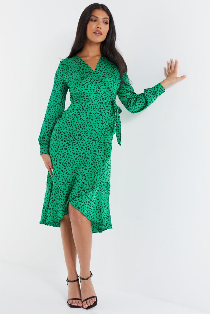 Women's Quiz Green Animal Print Wrap Midi Dress Size 8