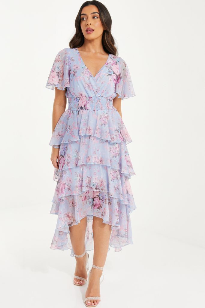 Petite Blue Chiffon Floral Dip Hem Tiered Midi Dress