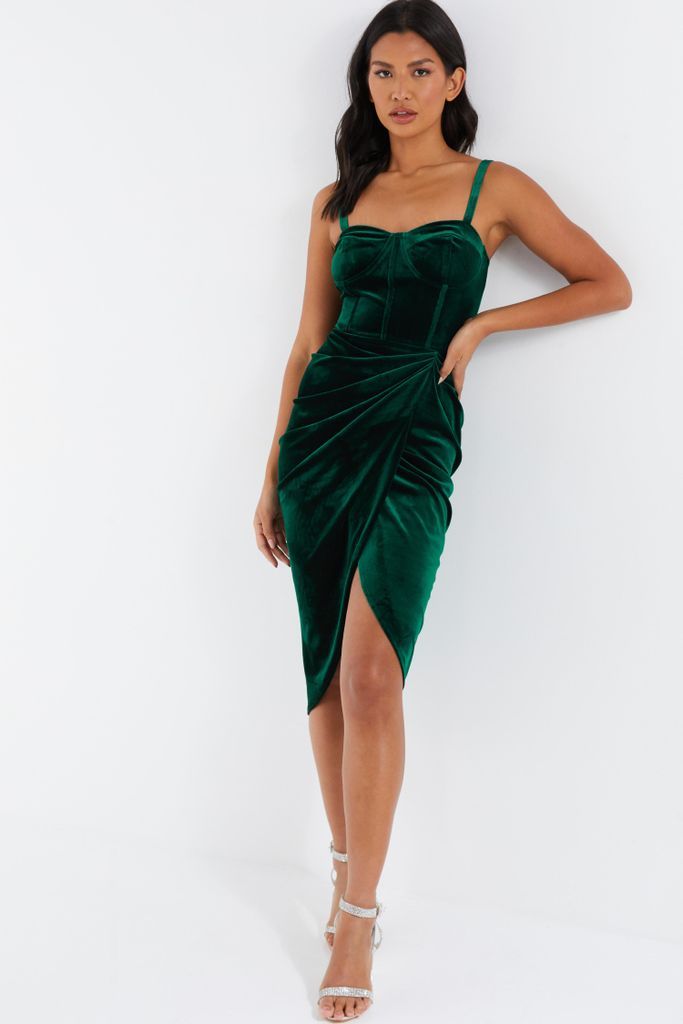 Womens Quiz Bottle Green Velvet Ruched Midi Dress Size 12