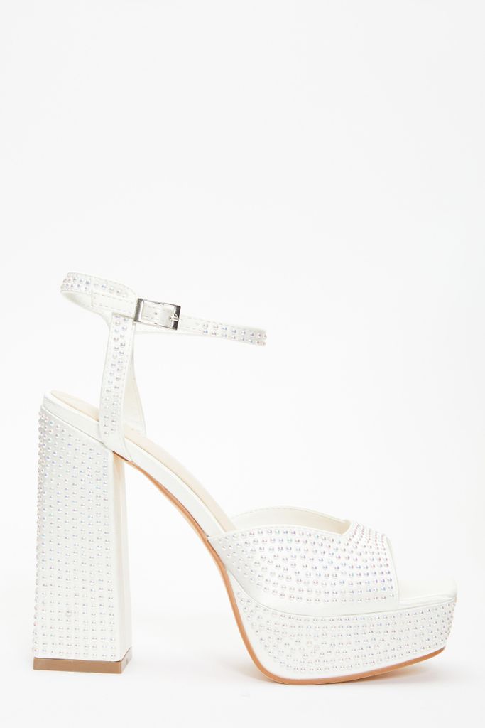 Bridal White Satin Pearl Platform Heeled Sandals