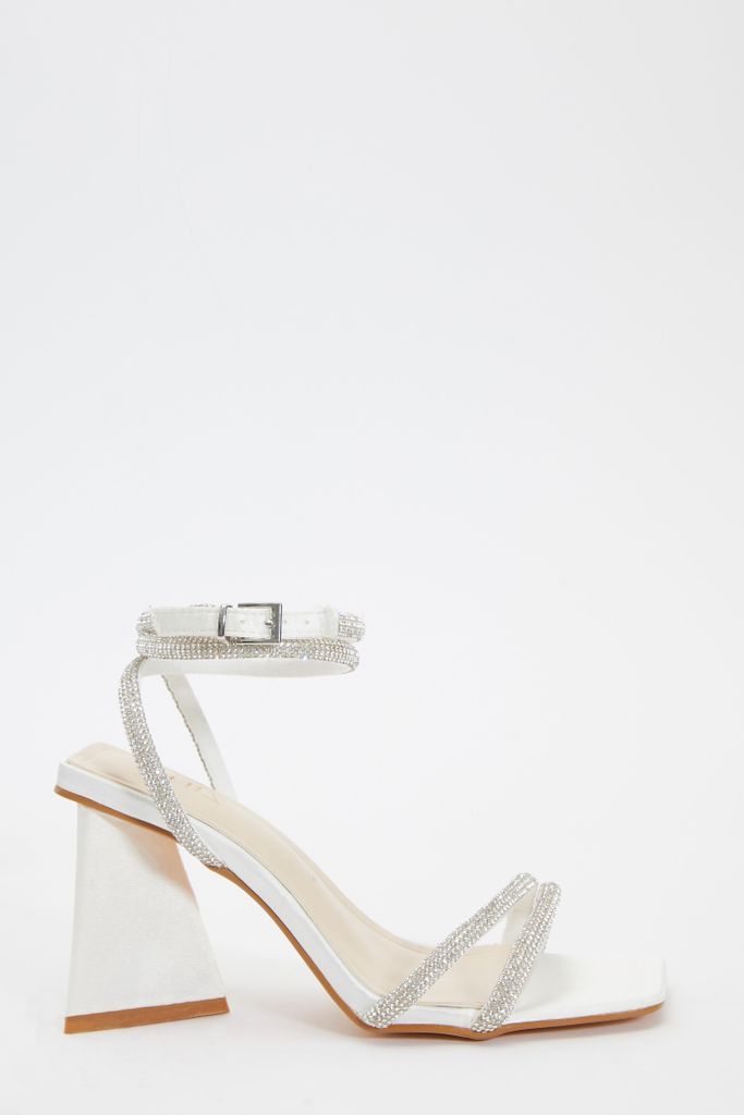 Bridal White Satin Diamante Triangle Heeled Sandals