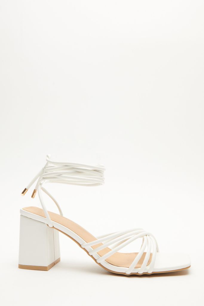 White Lace up Block Heel Sandals