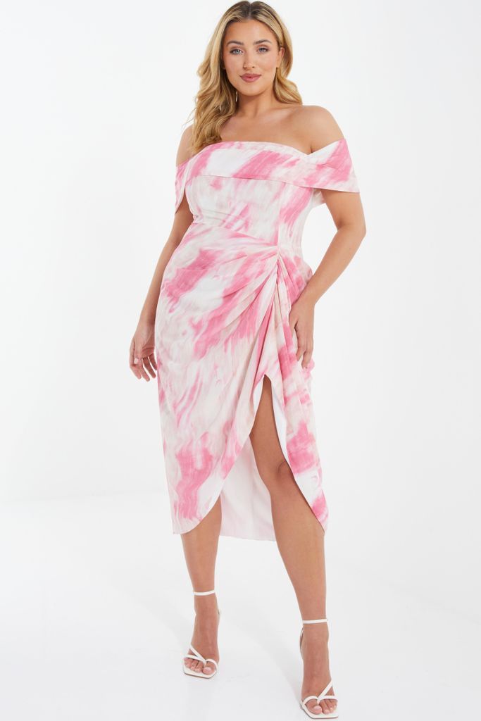 Curve Pink Chiffon Brush Stroke Bardot Midi Dress