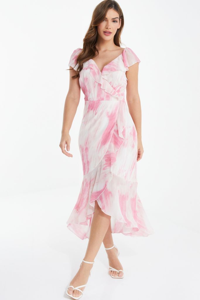 Pink Chiffon Brush Stroke Frill Midaxi Dress