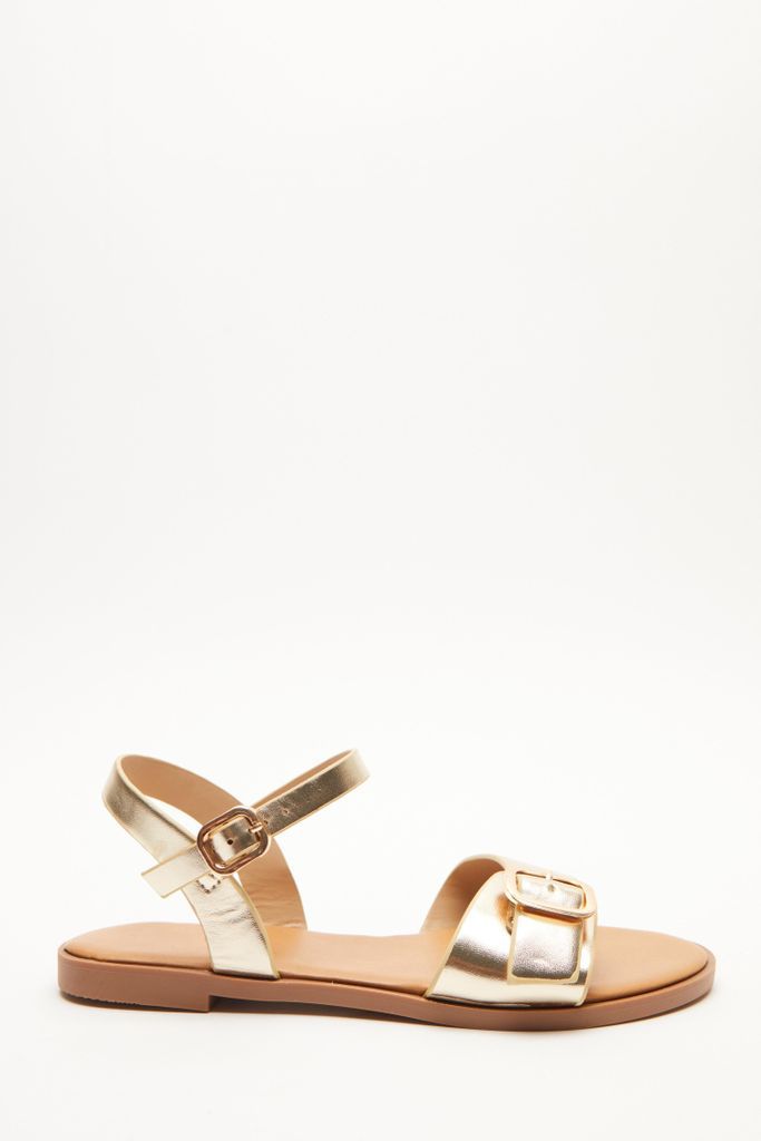 Gold Faux Leather Buckle Flat Sandals
