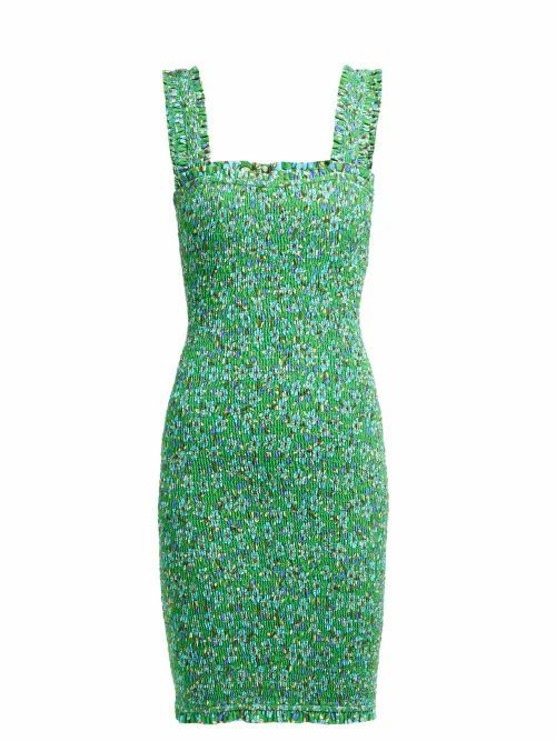 Rhode - Jasmine Floral-print Shirred Cotton Mini Dress - Womens - Green Print