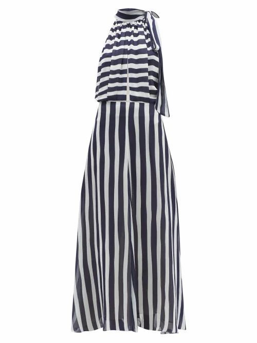 Odyssee - Beau Striped Chiffon Maxi Dress - Womens - Navy