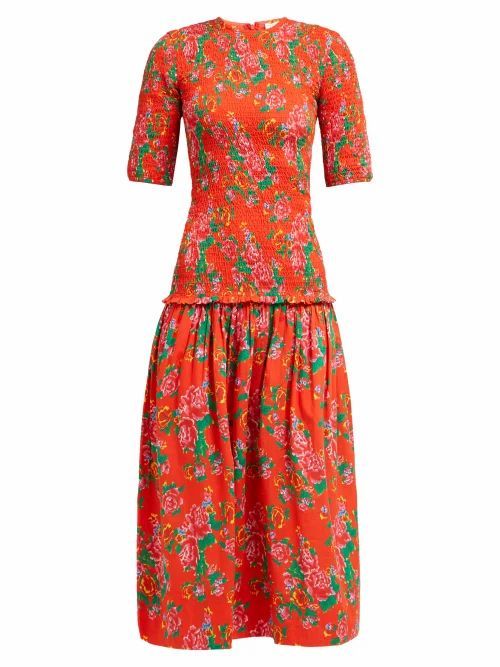 Rhode - Zola Shirred Floral-print Cotton Midi Dress - Womens - Red Print