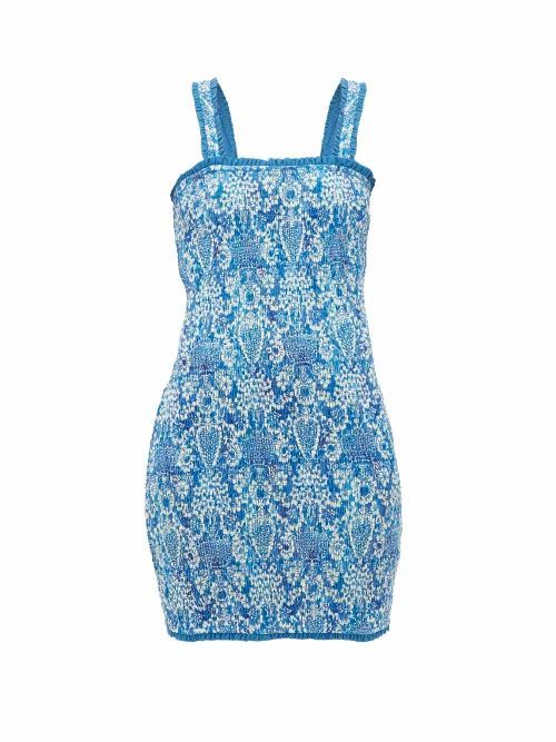 Rhode - Jasmine Smocked Cotton Mini Dress - Womens - Blue Print