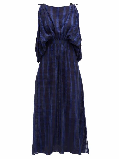 Love Binetti - Draped Checked-voile Maxi Dress - Womens - Dark Blue