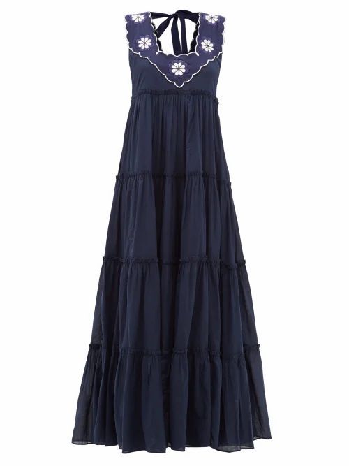 Innika Choo - Che Pas Floral-embroidered Tiered Cotton Dress - Womens - Navy