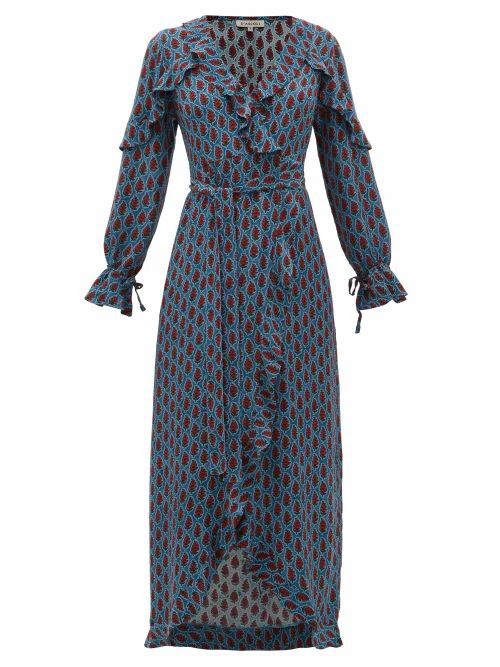 D'Ascoli - Mileta Ruffle-trimmed Printed-silk Wrap Dress - Womens - Blue