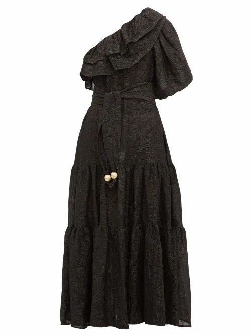 Arden One-shoulder Ruffled Linen-blend Dress - Womens - Black
