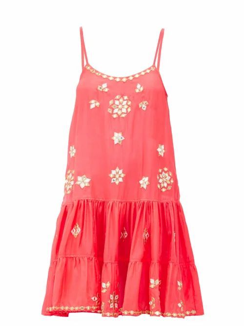 Juliet Dunn - Mirror-embroidered Ruffled-hem Silk Mini Dress - Womens - Pink