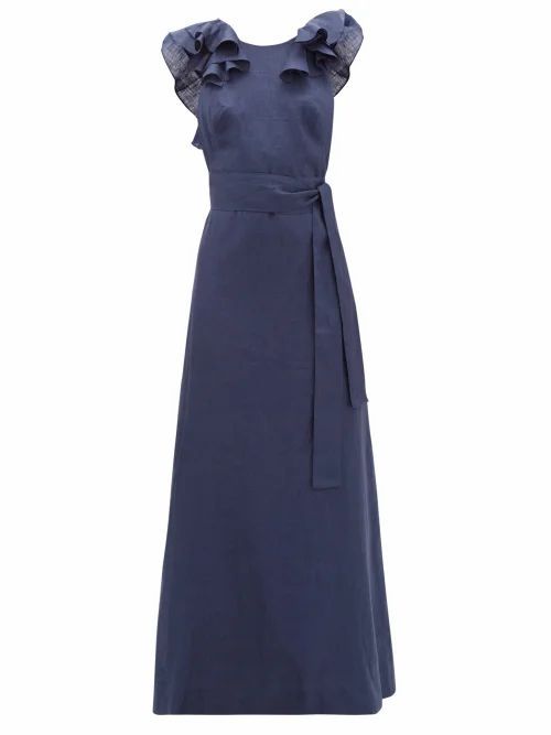 Kalita - Eros Waist-tie Ruffled Linen Maxi Dress - Womens - Navy