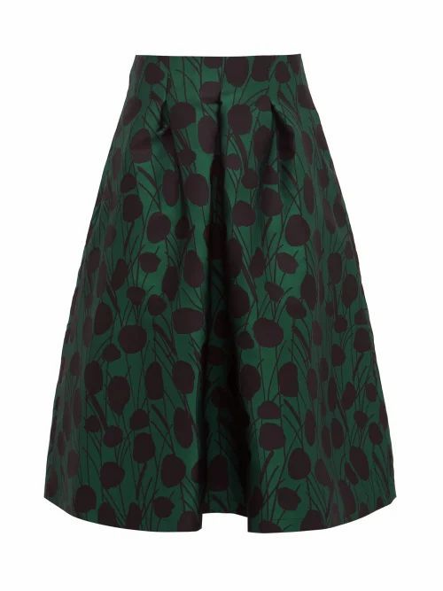 La DoubleJ - Macaron Floral-jacquard Satin Pleated Skirt - Womens - Green Print