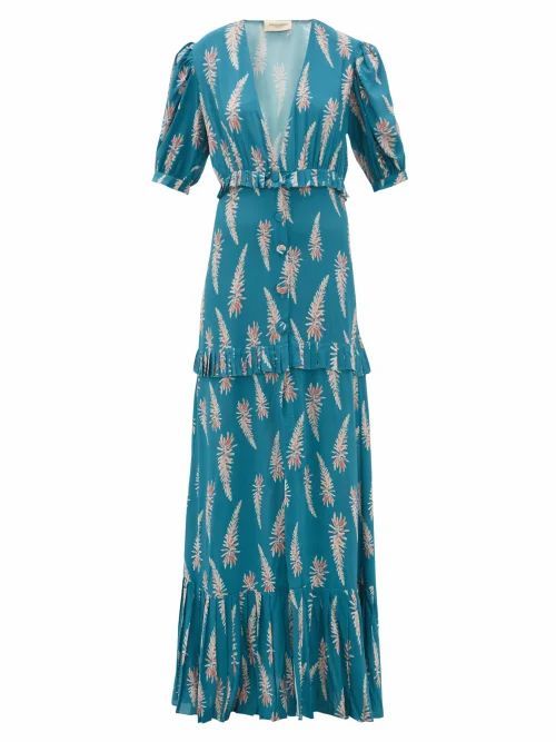 Adriana Degreas - Aloe-print Pleated-trim Twill Maxi Dress - Womens - Blue Print
