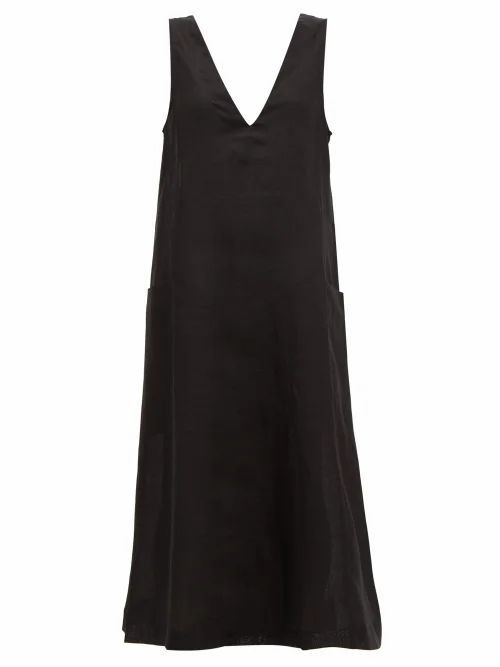 Asceno - Seville V-neck Linen Midi Dress - Womens - Black