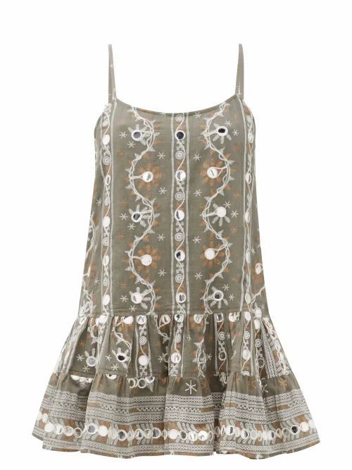 Juliet Dunn - Nomad Mirror-embroidered Cotton Dress - Womens - Khaki Print