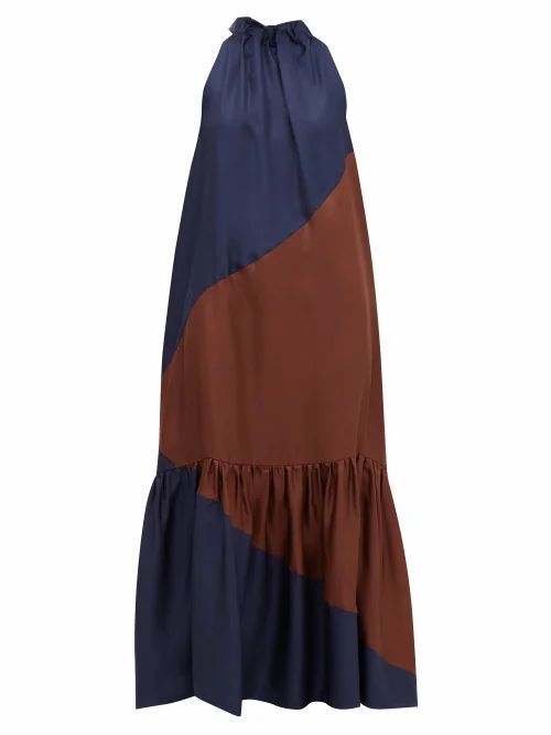 Asceno - Ibiza Bi-colour Silk Maxi Dress - Womens - Navy Multi