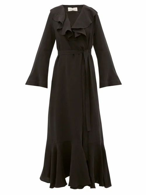 Casa Raki - Esme Ruffled Linen Wrap Dress - Womens - Black