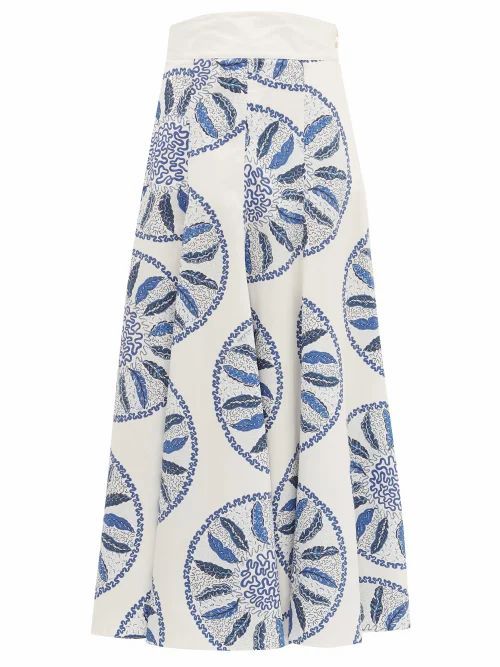Three Graces London - X Zandra Rhodes Amelina Leaf-print Cotton Skirt - Womens - Blue White