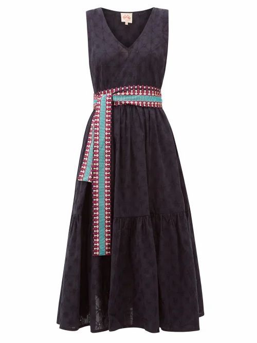 Le Sirenuse, Positano - Evelin Belted Embroidered-cotton Midi Dress - Womens - Navy
