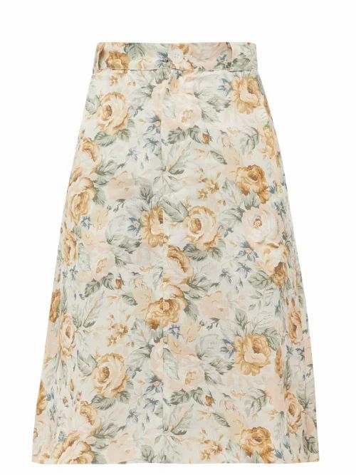 Ephemera - High-rise Floral-print Linen Skirt - Womens - Yellow Multi