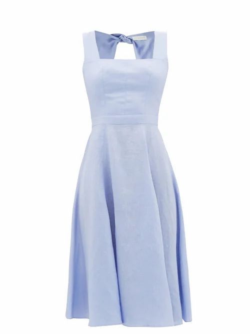 Troika Square-neck Tie-back Linen Midi Dress - Womens - Blue