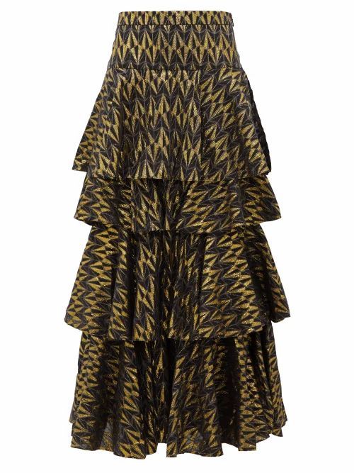 Rhode - Audrey Tiered Cotton-blend Brocade Skirt - Womens - Black Multi