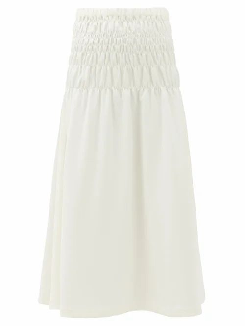 Rhode - Greta Smocked Crepe Midi Skirt - Womens - White