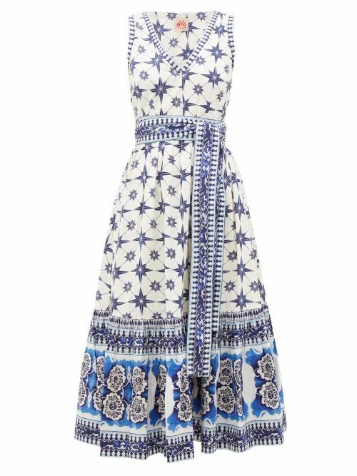 Le Sirenuse, Positano - Evelin Star-print Cotton Midi Dress - Womens - Blue Print