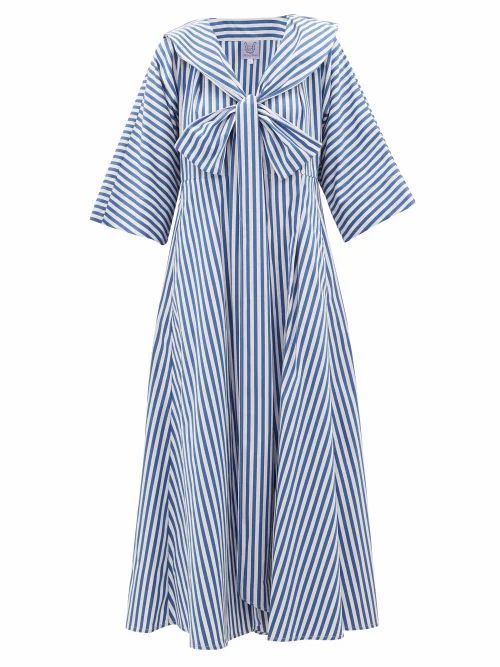 Violetta Bow Striped Cotton-poplin Midi Dress - Womens - Blue Stripe