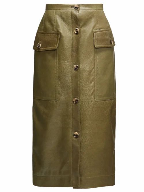 Marni - Button-down Leather Midi Skirt - Womens - Green